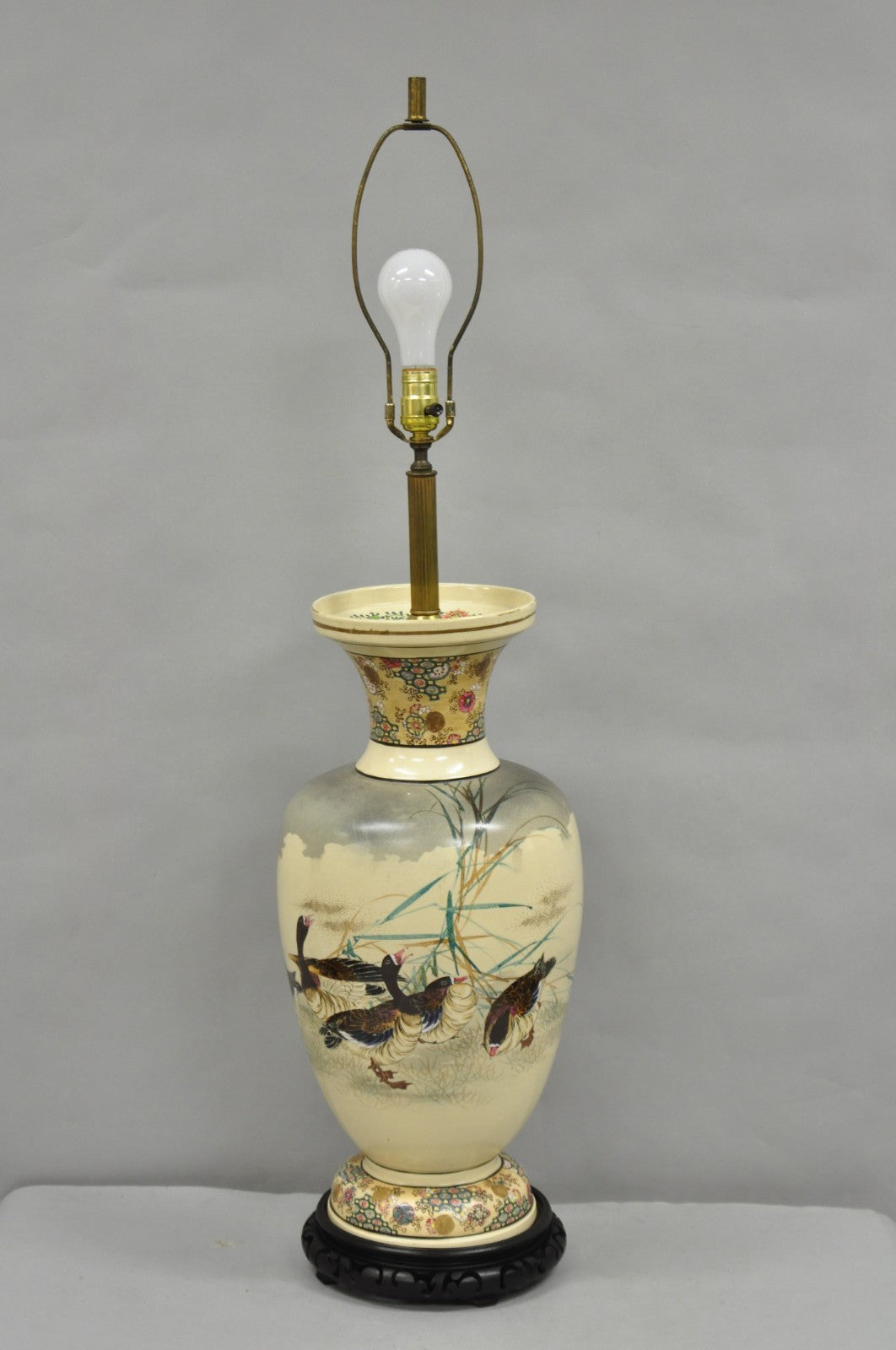 Antique Oriental Oversized Porcelain Satsuma Vase Japanese Table Lamp w/ Geese