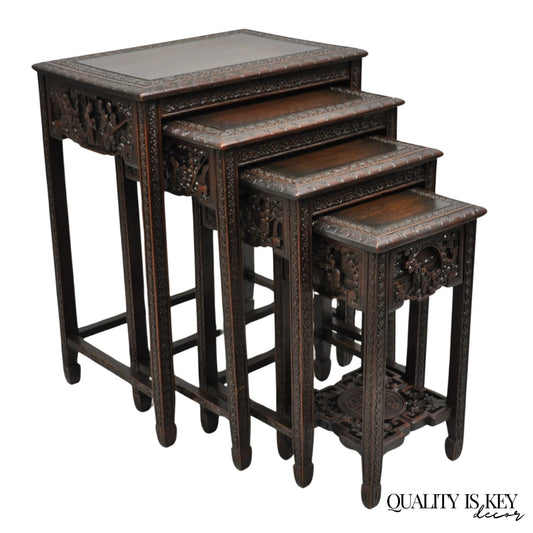 Antique Chinese Carved Rosewood Figural Nesting Side Tables w/ Drawer - 4 Pcs