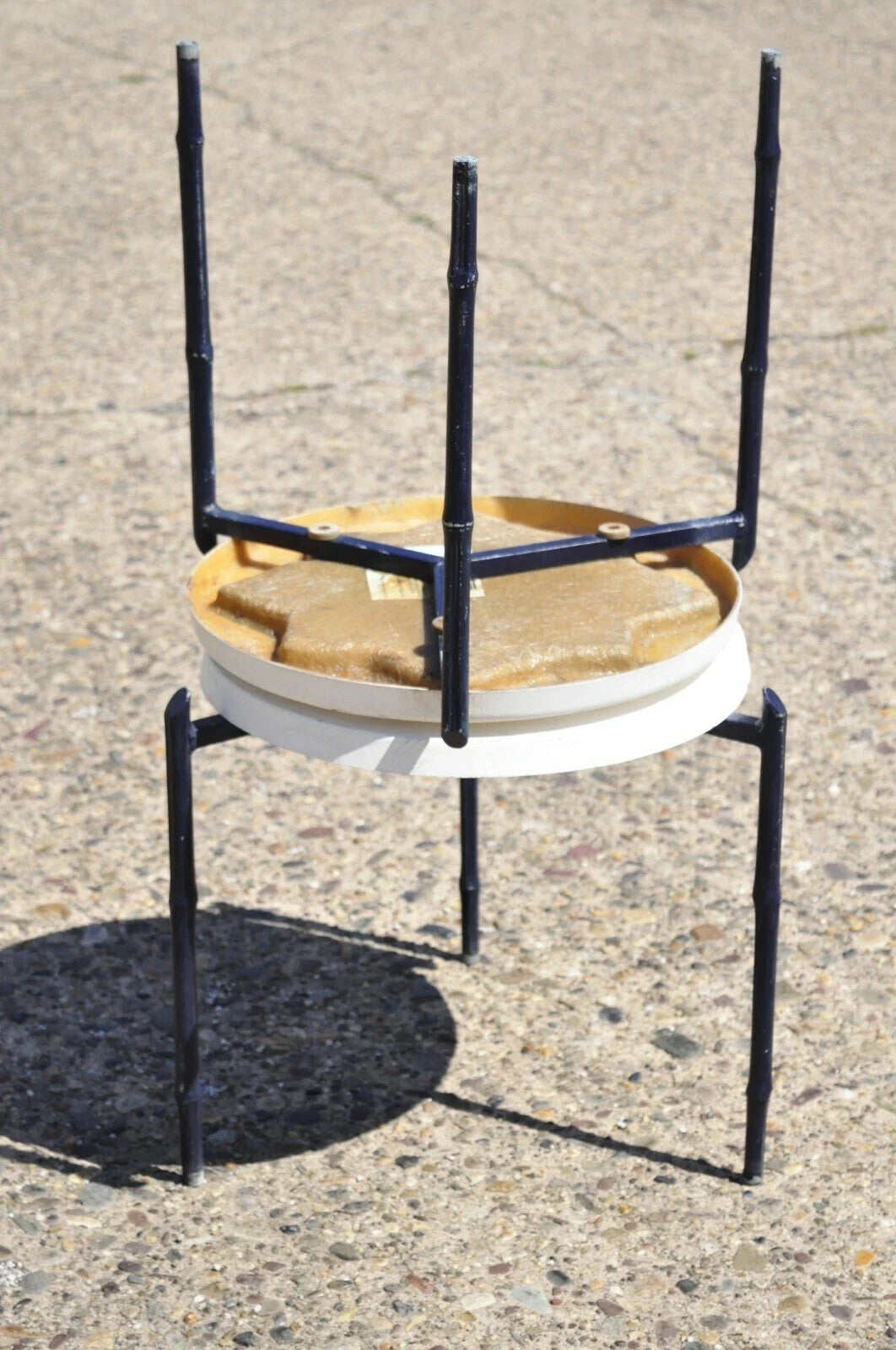 Vintage Aluminum Faux Bamboo Round Fiberglass Pool Patio Side Tables - a Pair