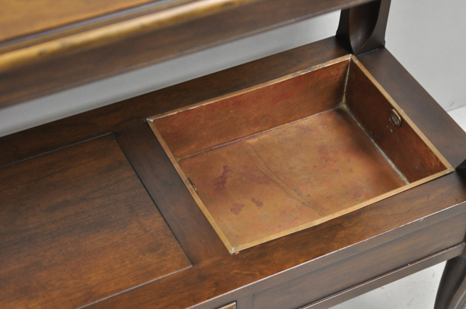 Vintage Baker Dark Cherry Wood Narrow French Console Hall Table w Copper Inserts