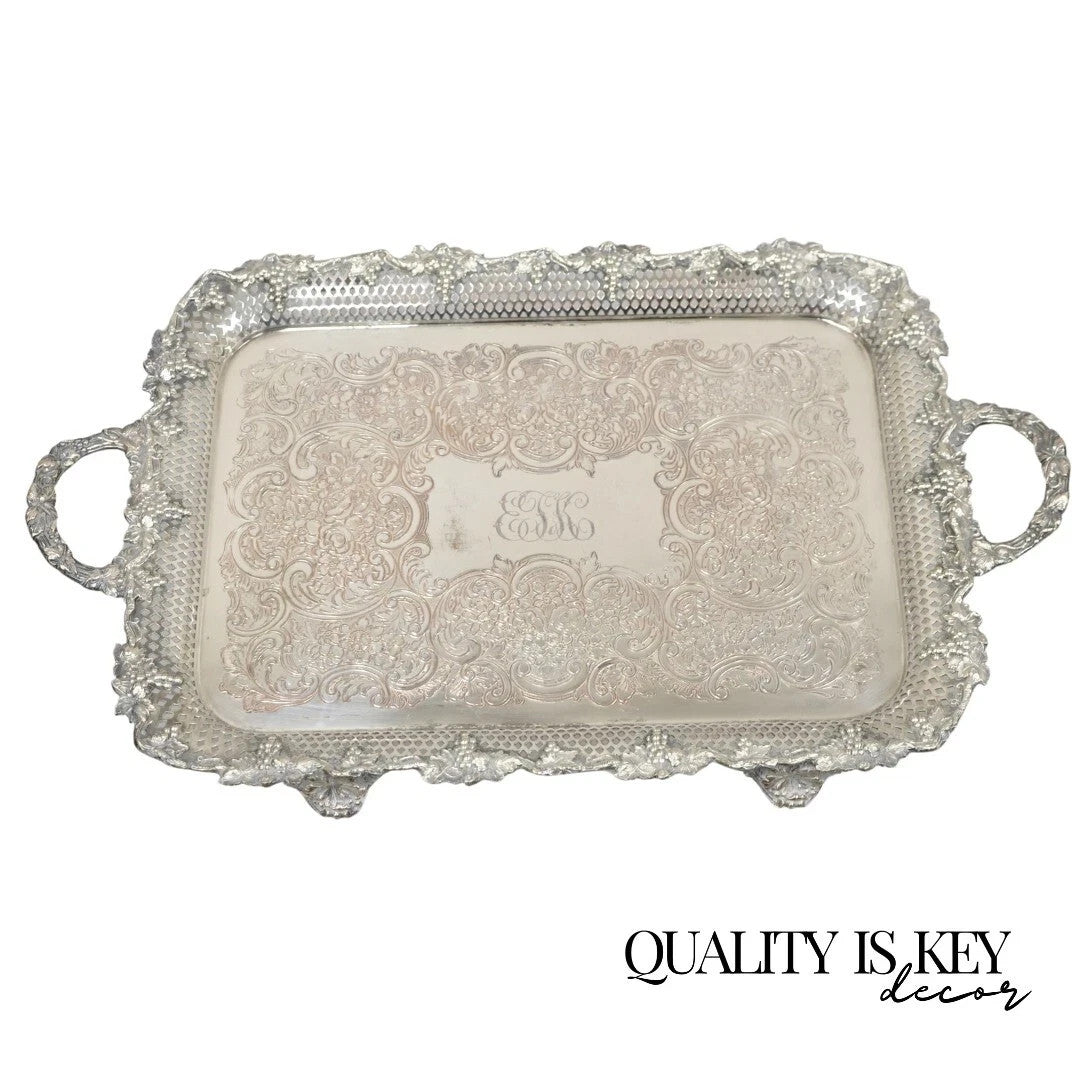 Antique Victorian Silver Plated Grapevine Repousse Platter Bar Tray w/ Monogram