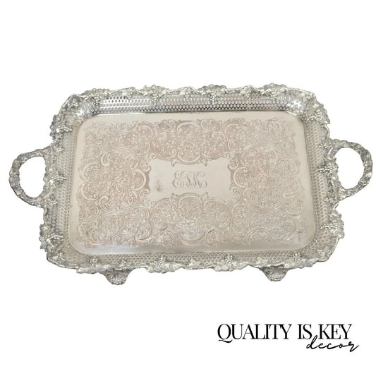 Antique Victorian Silver Plated Grapevine Repousse Platter Bar Tray w/ Monogram