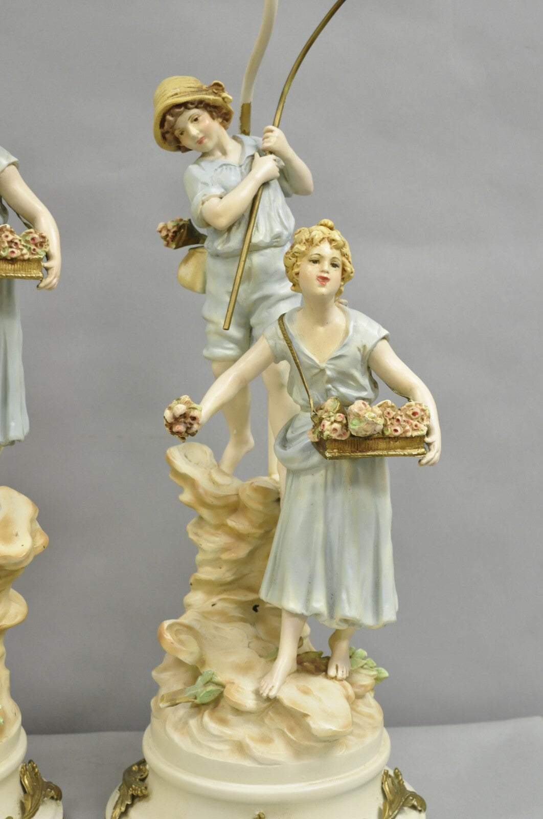 Antique L&F Moreau Victorian Painted Spelter Metal Figural Table Lamps - a Pair