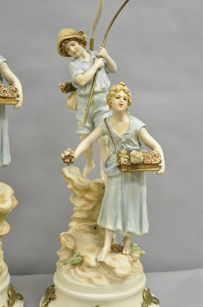 Antique L&F Moreau Victorian Painted Spelter Metal Figural Table Lamps - a Pair