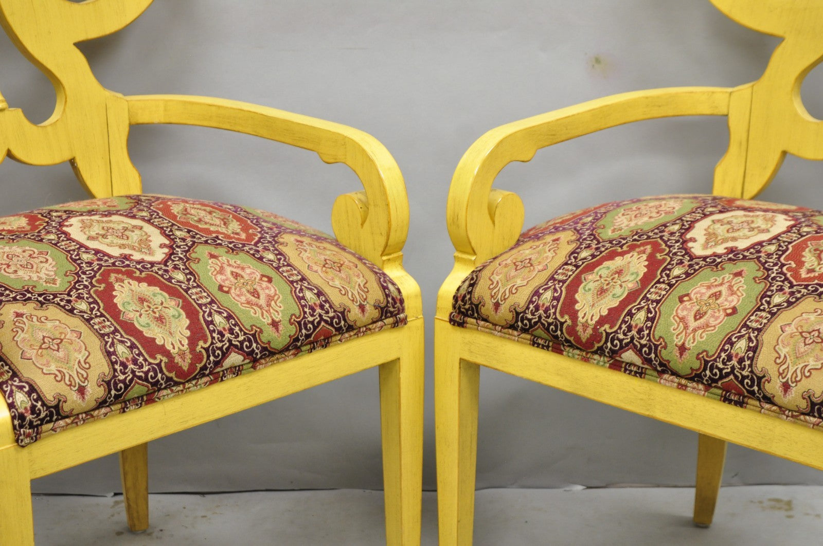 Contemporary Regency Style Red Green Yellow Scroll Back Dining Chairs - Set of 8
