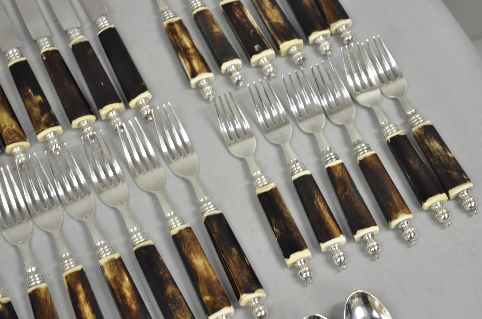 Vintage Hollywood Regency Faux Horn Handle Silver Flatware (5 pc) Set Svc for 12
