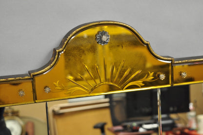 Antique French Art Deco Venetian Amber Glass Large Etched Wall Mirror