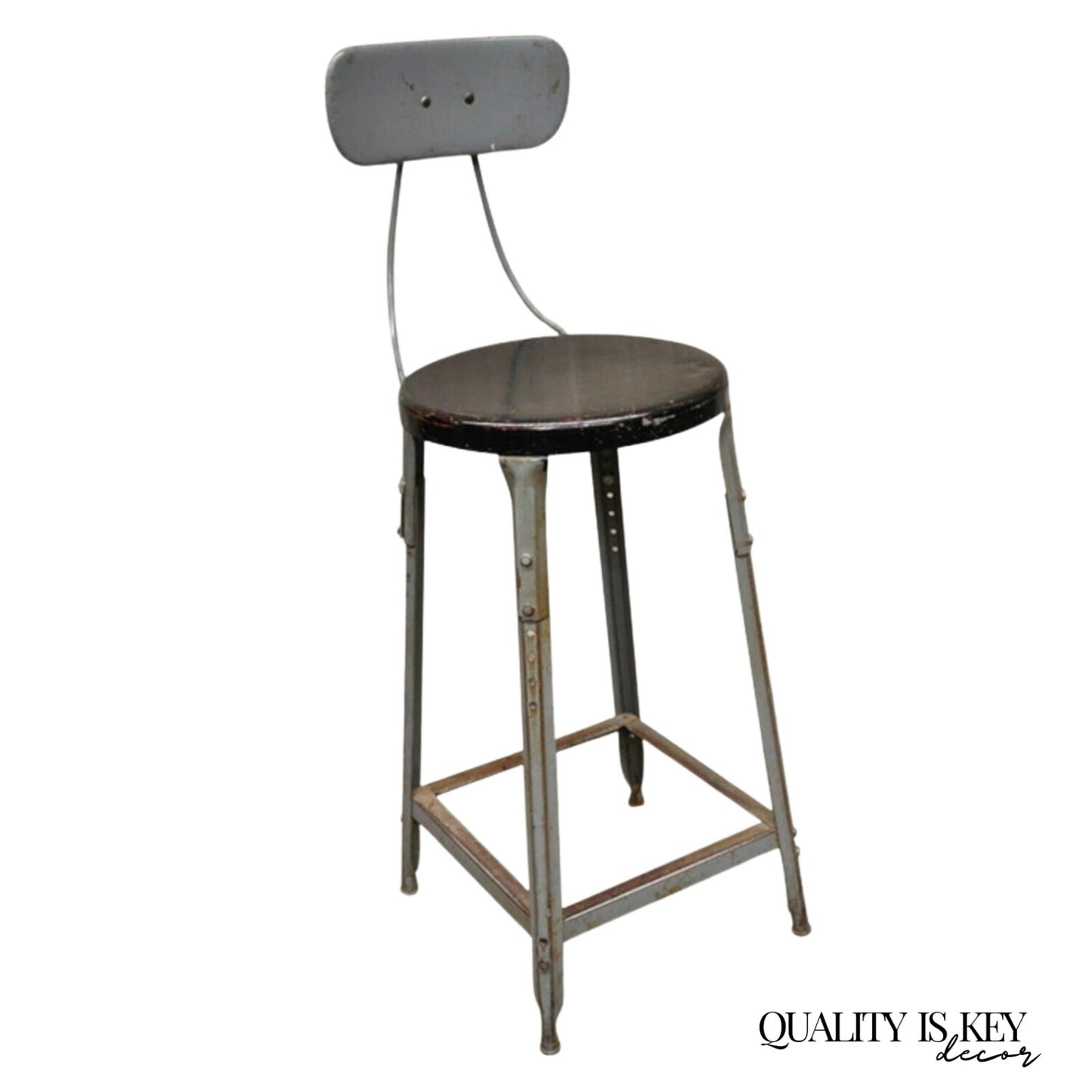 Vintage American Industrial Gray Metal Drafting Stool Artist Work Chair
