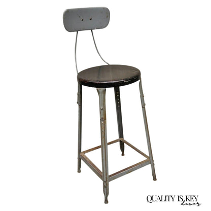 Vintage American Industrial Gray Metal Drafting Stool Artist Work Chair
