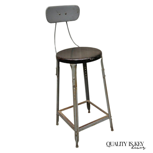 Vintage American Industrial Gray Metal Drafting Stool Artist Work Chair