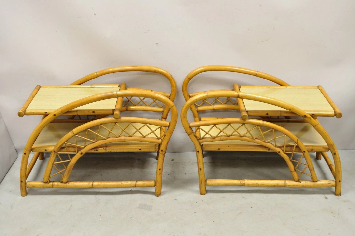 Vintage Tiki Rattan Bentwood Bamboo 2 Tier Sculptural End Tables - a Pair