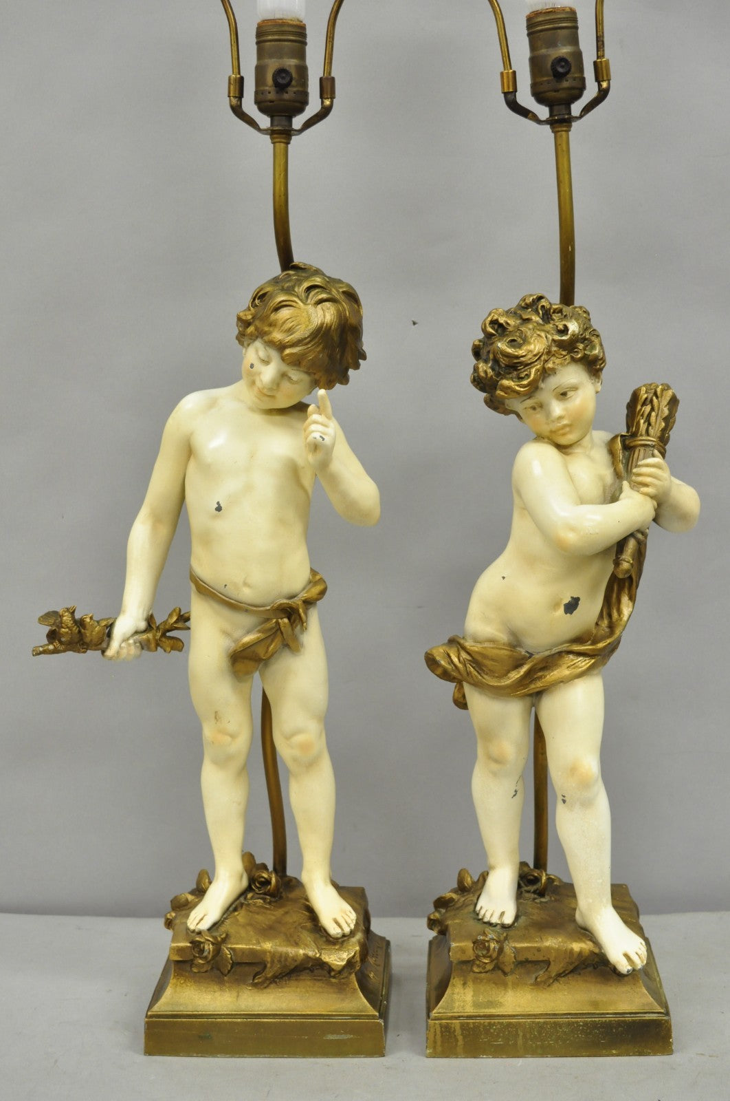 Antique French Moreau Figural Full Cherub Painted Metal Table Lamps - a Pair