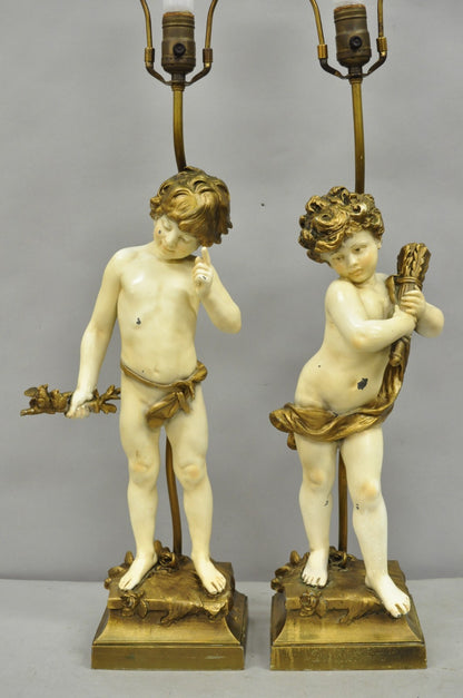 Antique French Moreau Figural Full Cherub Painted Metal Table Lamps - a Pair