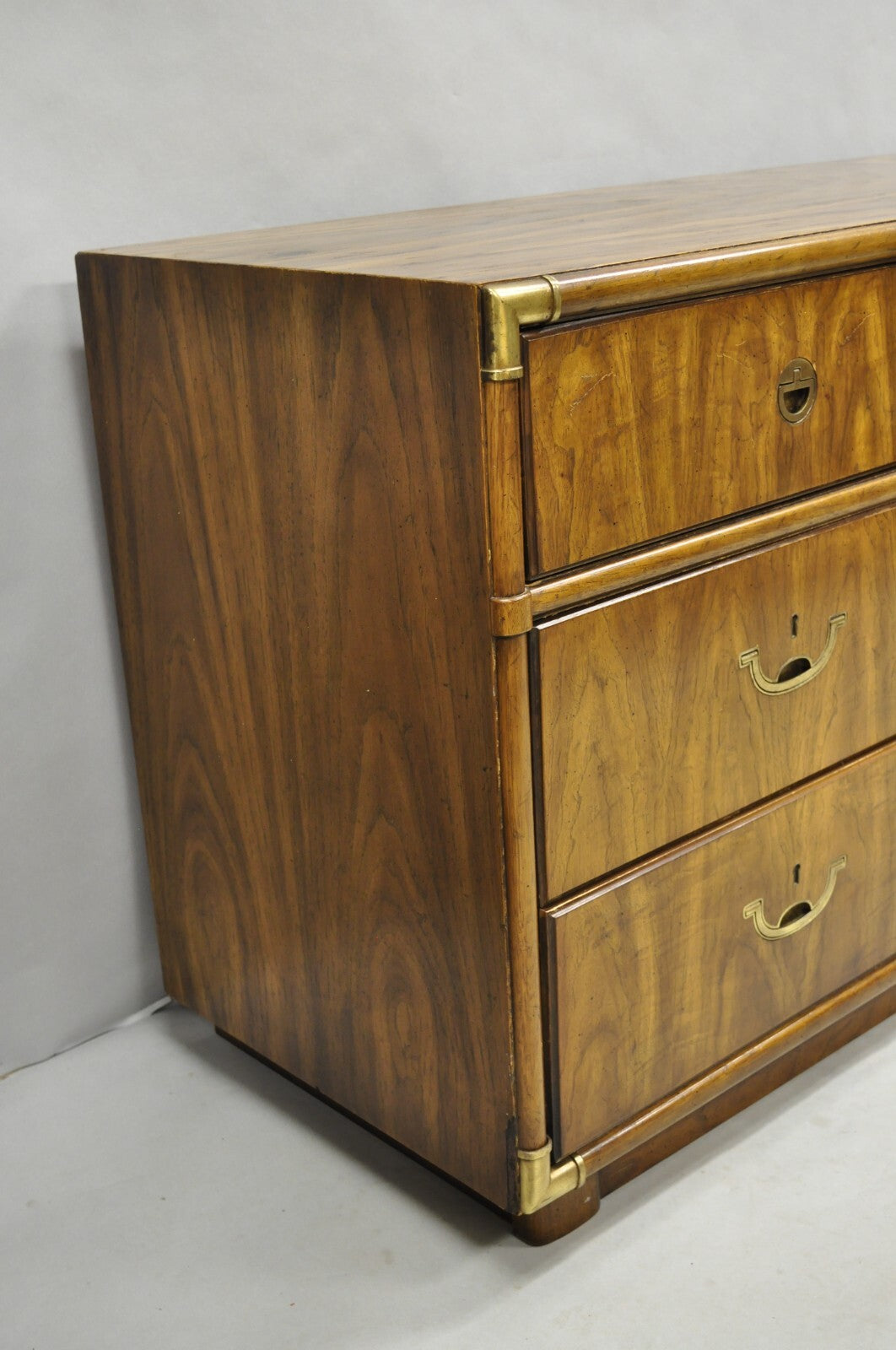 Vintage Drexel Accolade Campaign Style Pecan 9 Drawer Credenza Dresser Chest