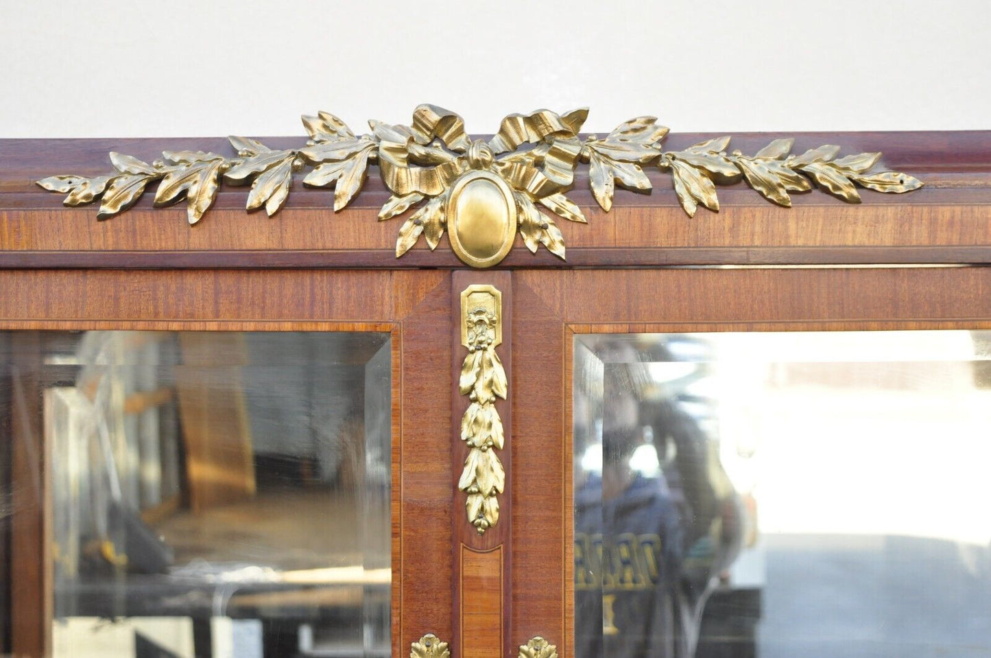 Antique French Louis XV Style Marble Top Bowed Glass Bronze Ormolu Sideboard