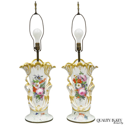 Antique Art Nouveau Austrian Porcelain Painted French Floral Table Lamps, a Pair