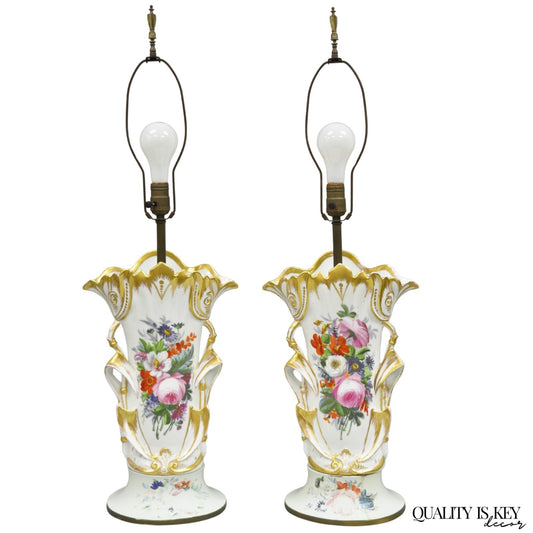 Antique Art Nouveau Austrian Porcelain Painted French Floral Table Lamps, a Pair