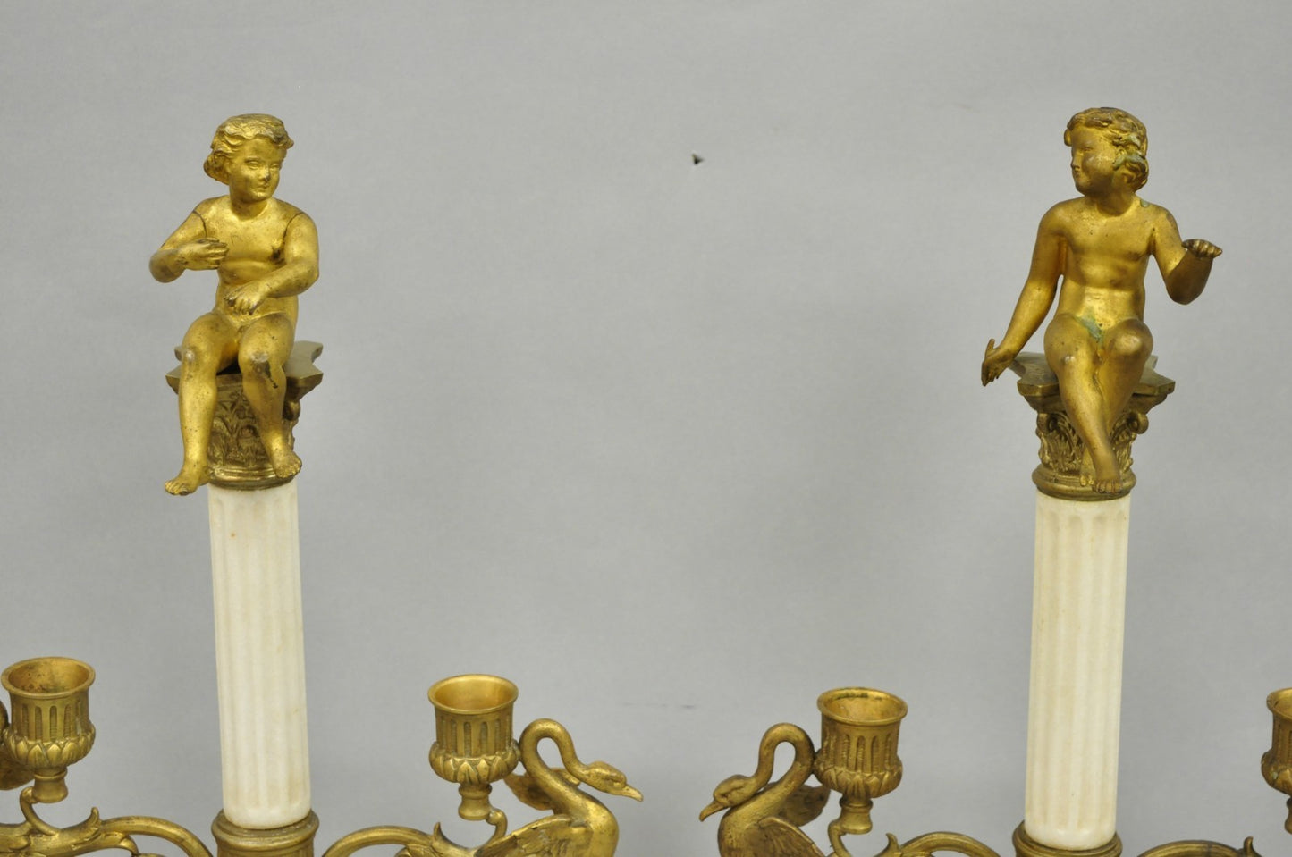 Antique French Neoclassical Bronze Swans Cherub Marble Column Candelabras - Pair