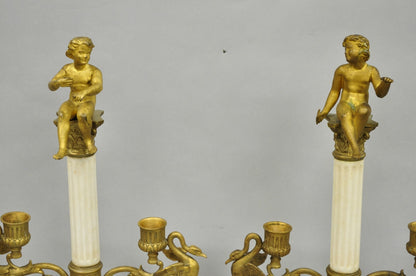 Antique French Neoclassical Bronze Swans Cherub Marble Column Candelabras - Pair