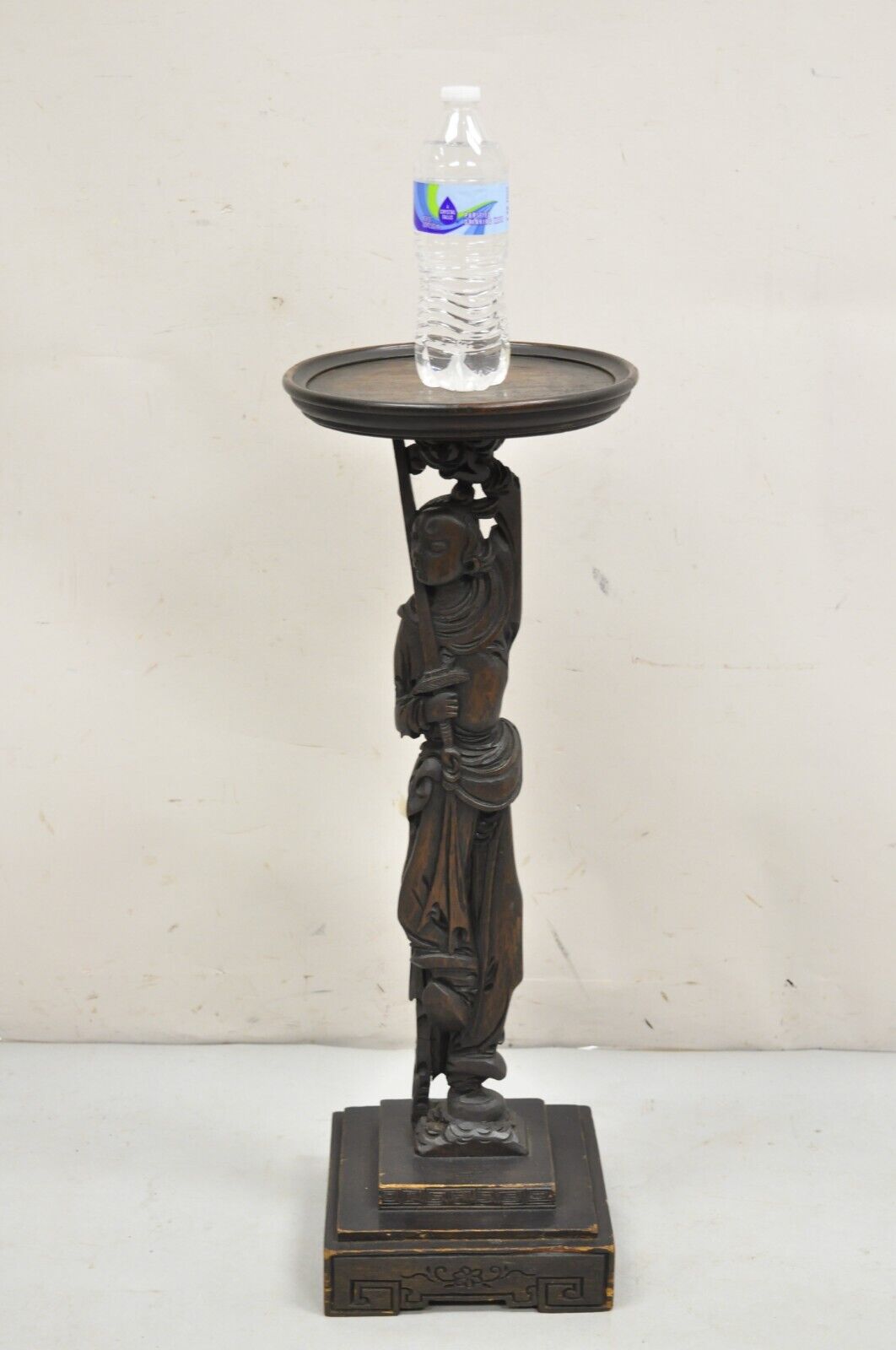 Antique Japanese Samurai Warrior Figural Carved Wood Smoking Stand Side Table