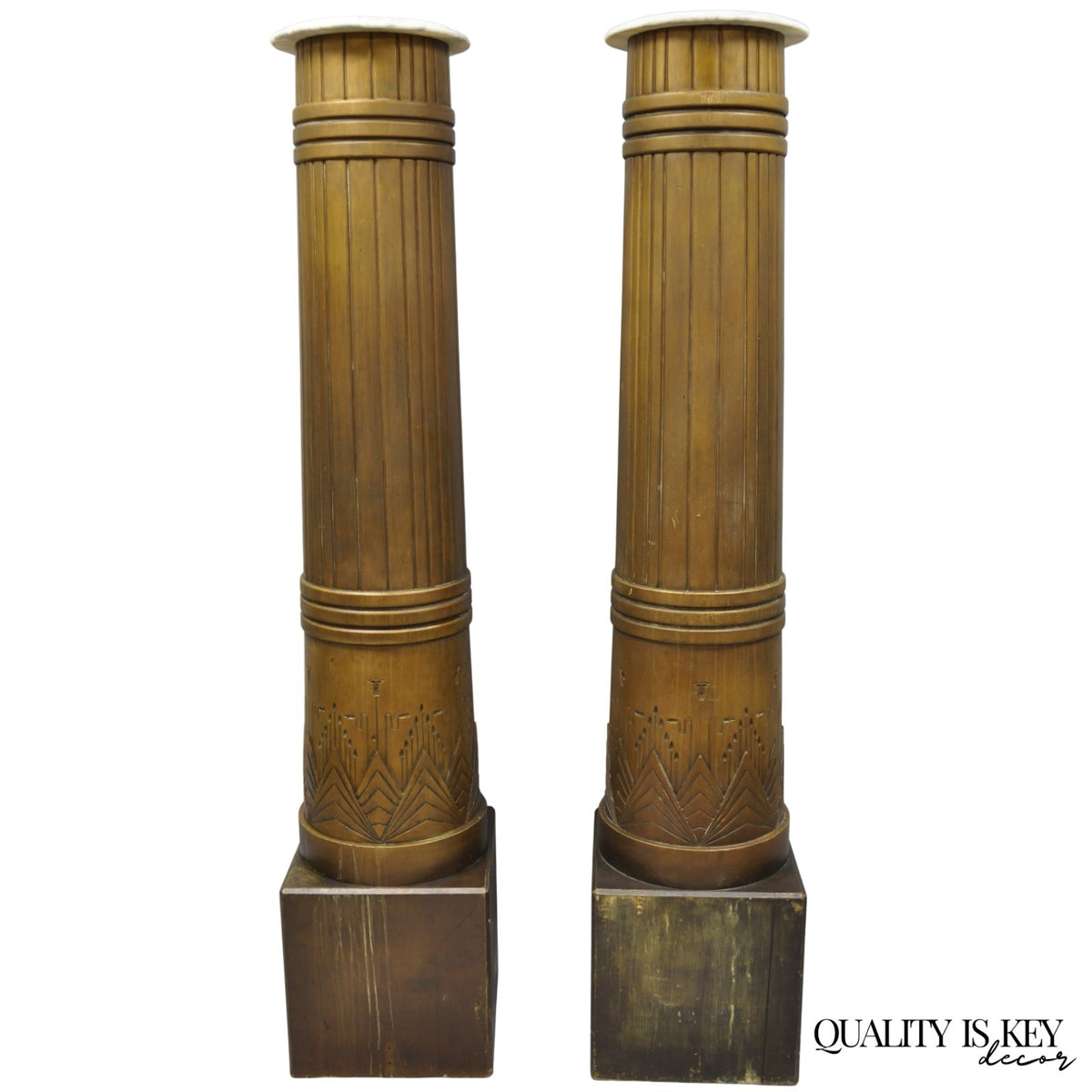 Antique Art Deco 75" Tall Wooden Pedestal Column Geometric Chevron Carved - Pair