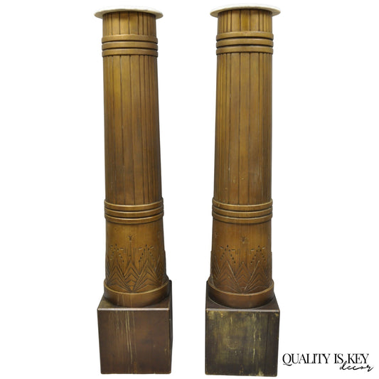 Antique Art Deco 75" Tall Wooden Pedestal Column Geometric Chevron Carved - Pair