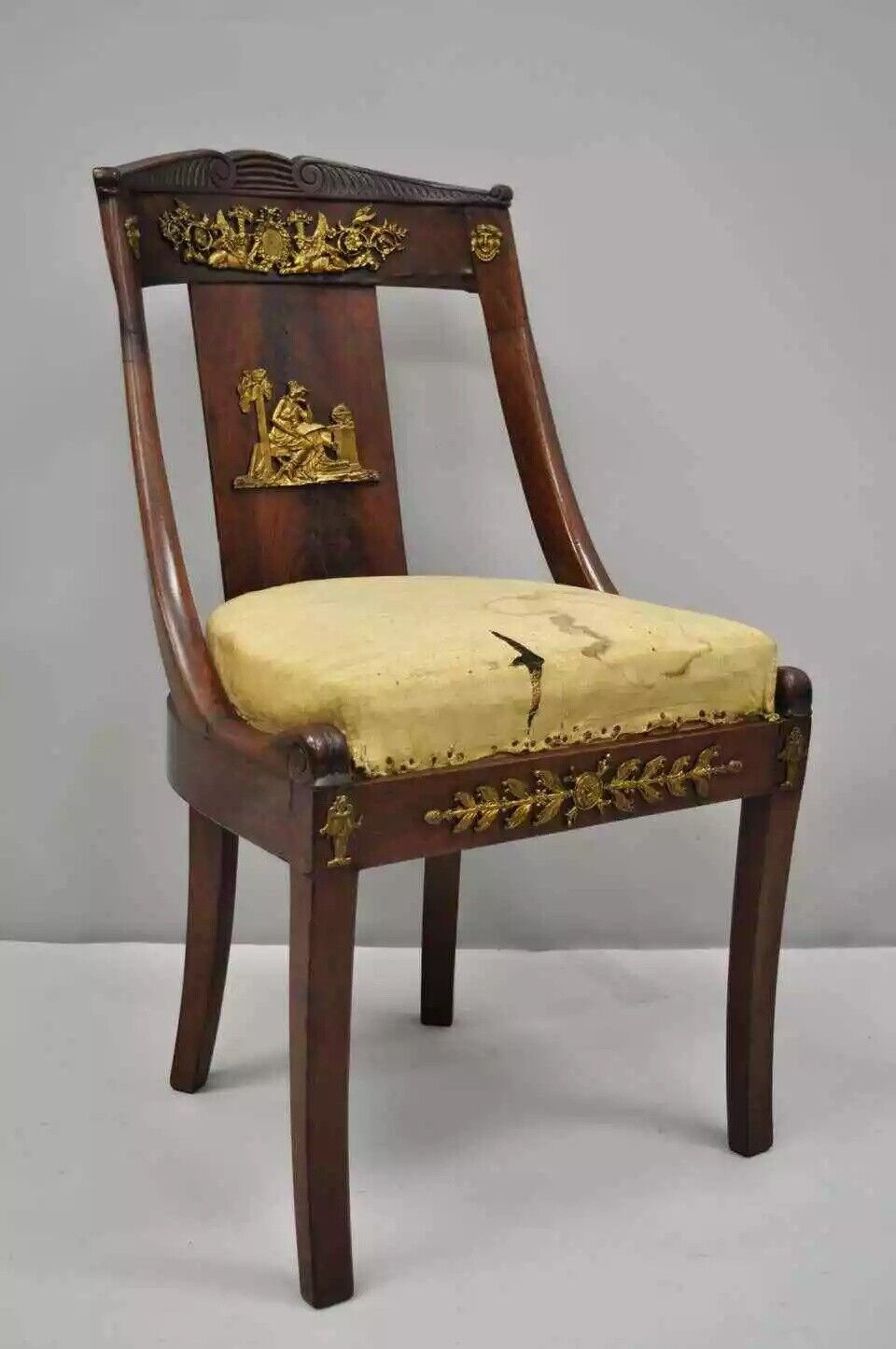 Antique 19th C. French Empire Regency Mahogany Side Chair with Bronze Ormolu