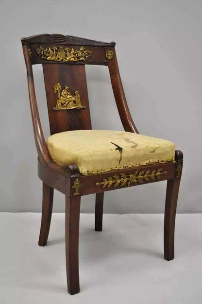 Antique 19th C. French Empire Regency Mahogany Side Chair with Bronze Ormolu