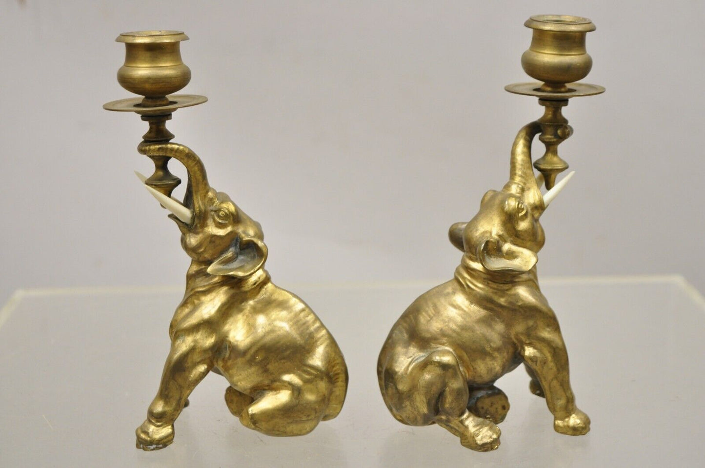 Vintage Gilded Brass Bronze Figural Elephant Small Candlesticks - a Pair