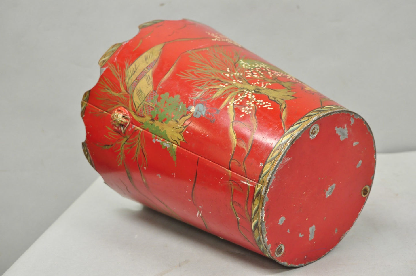 Italian Chinoiserie Hand Painted Oriental Red Tole Metal Wastebasket Trashcan