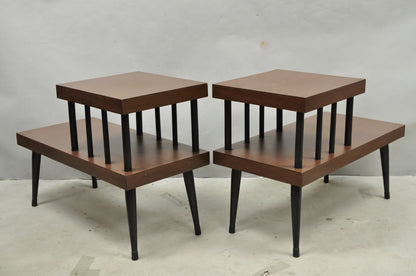 Vintage Mid Century Modern Two Tier Step Walnut Laminate Spindle End Table, Pair