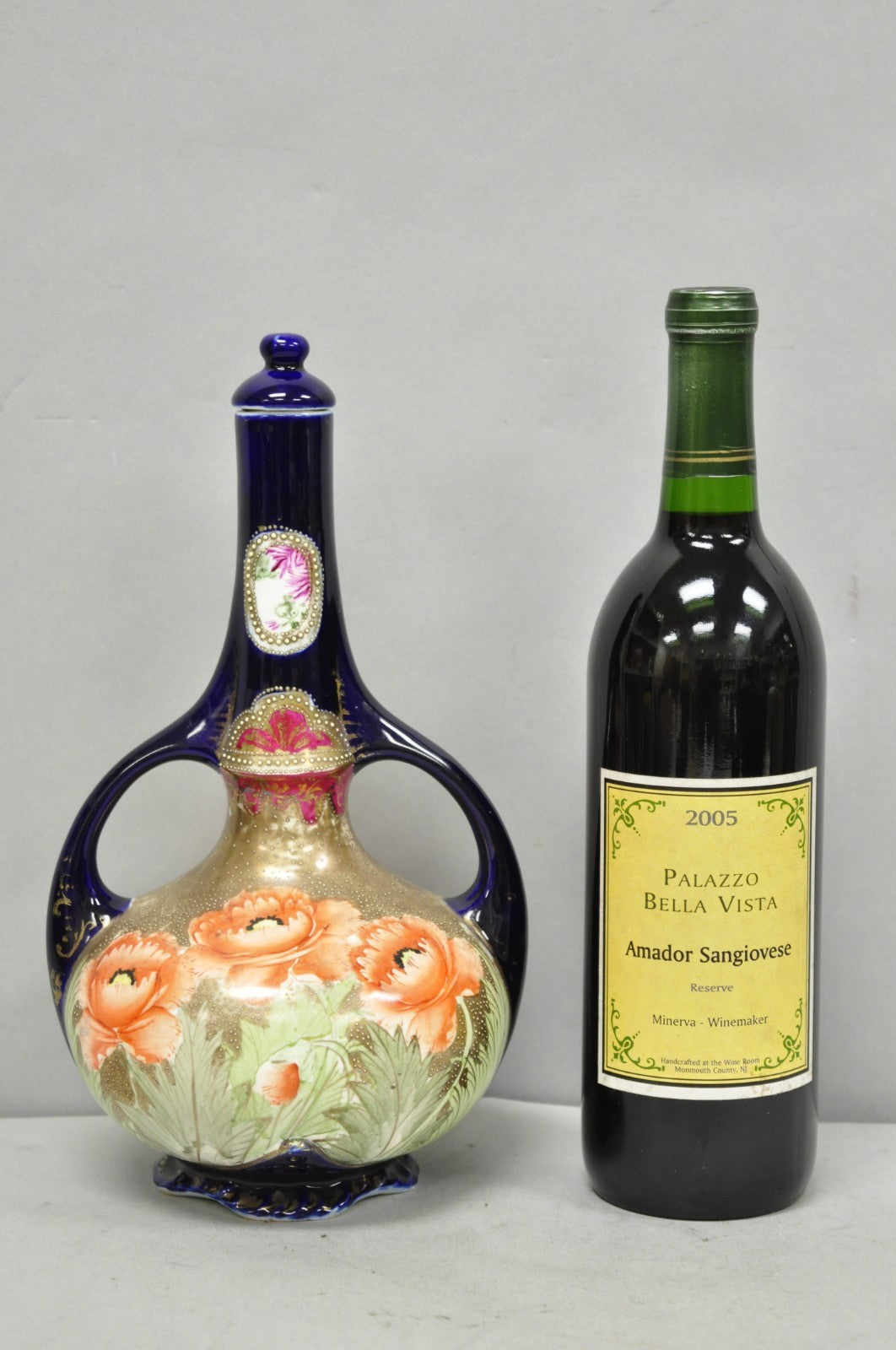 Antique Royal Nippon Hand Painted Nishiki Cobalt Blue Floral Vase With Stopper