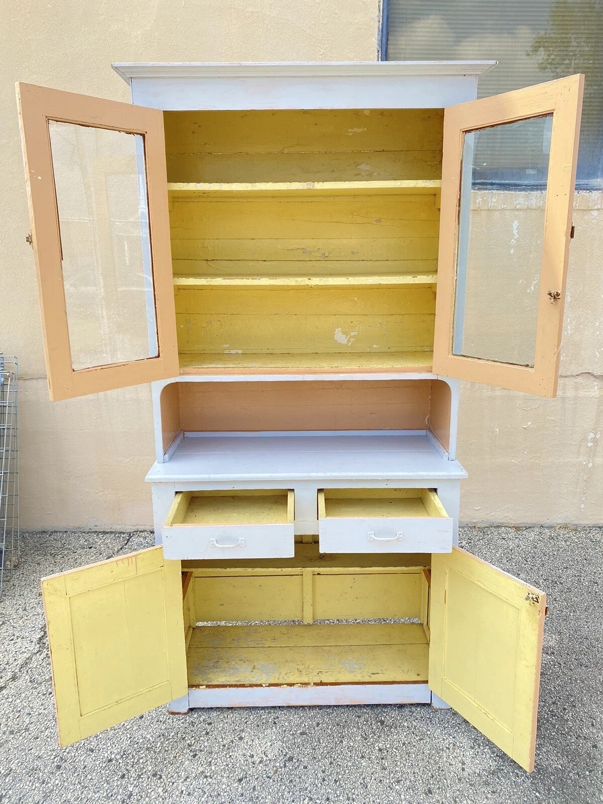 Antique French Country Farmhouse White 2 Piece Step Back Hutch Kitchen Cupboard