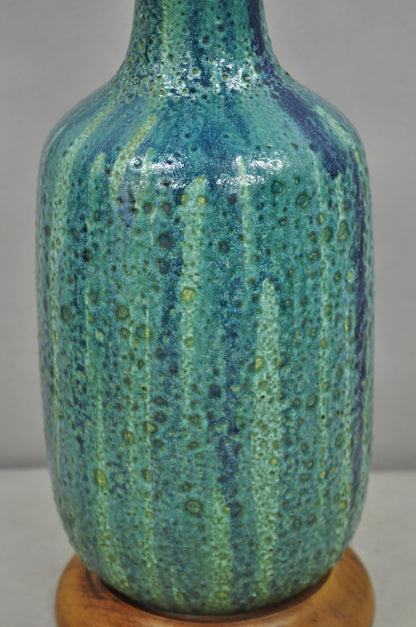Vintage Mid Century Modern Turquoise Blue Ceramic Drip Glazed Pottery Table Lamp