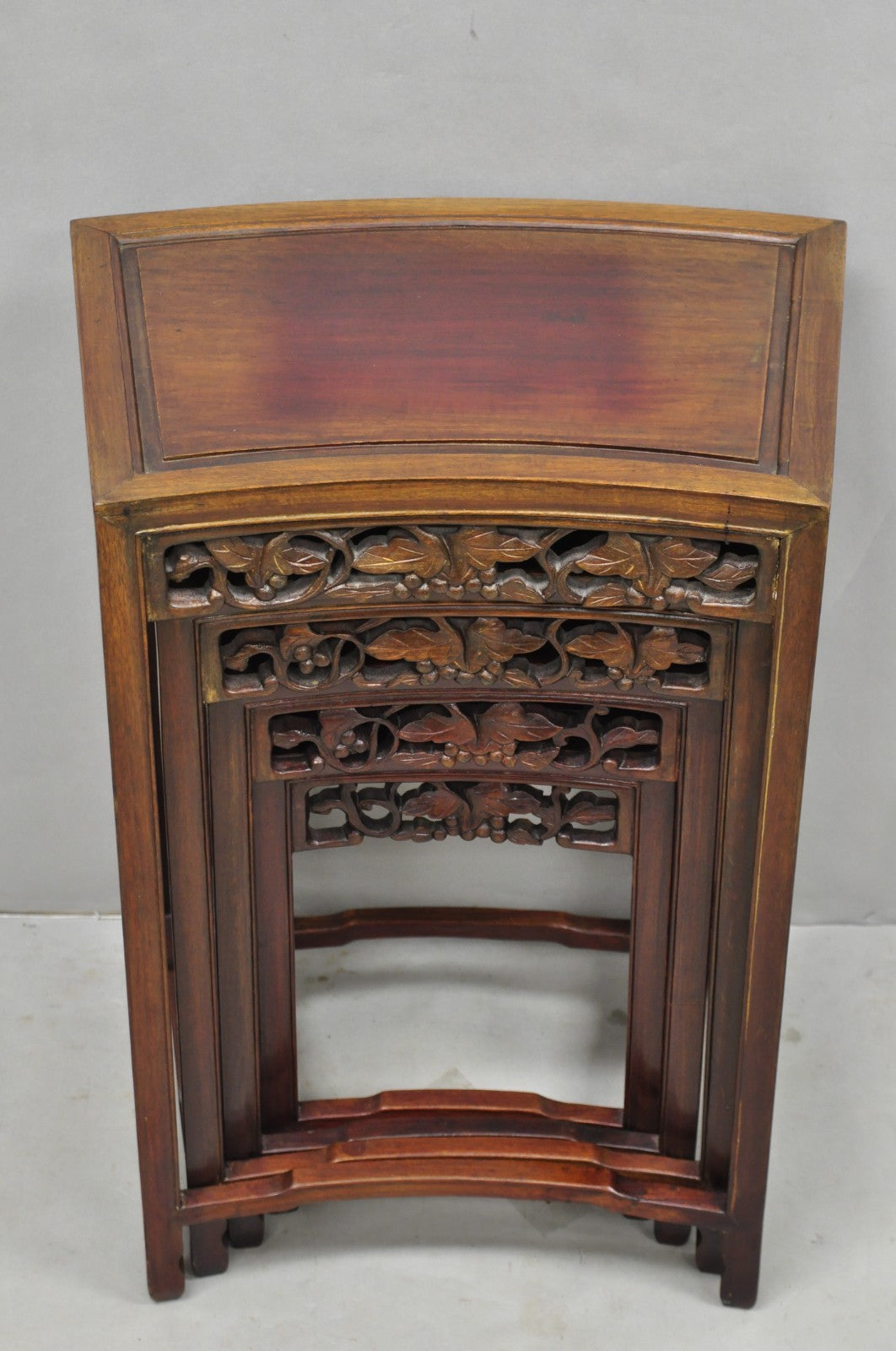 Vintage Chinese Carved Hardwood Curved Frame Nesting Side Tables - Set of 4