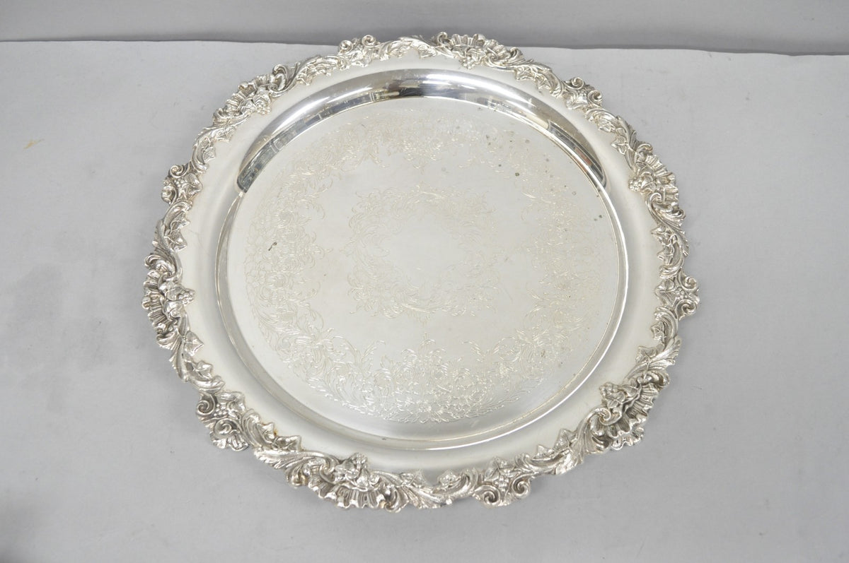 Vintage Wilcox Victorian Silver Plated Round Ornate Footed Salver Serving Tray