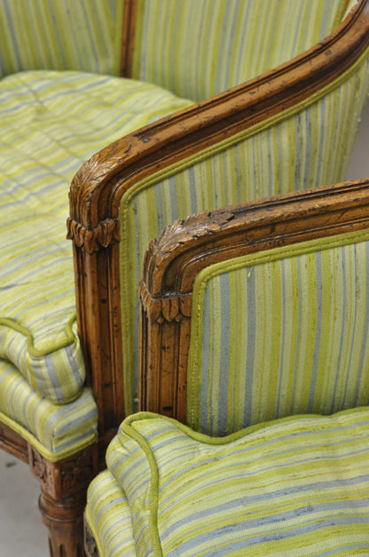 Antique Italian Regency Distress Carved Walnut Barrel Back Club Arm Chair, Pair