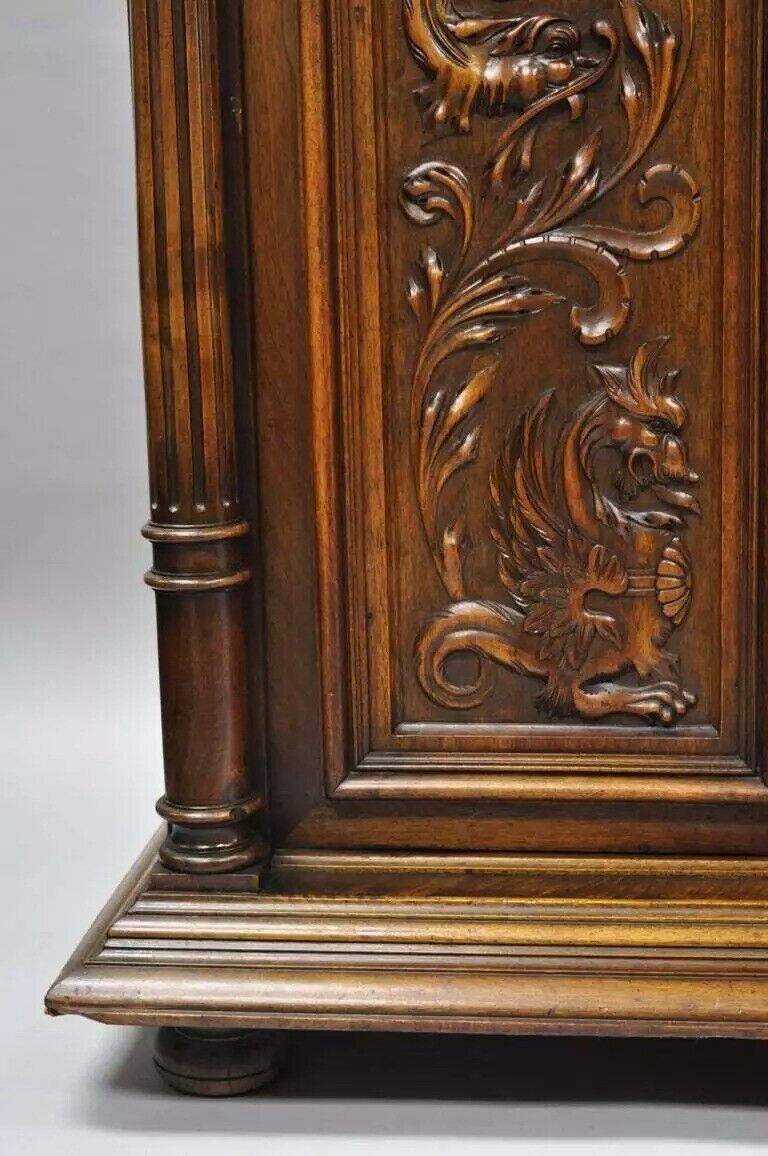 Gothic Renaissance Revival Carved Walnut Dragon Griffin Sideboard Buffet Cabinet