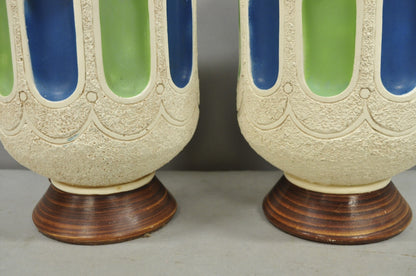 Vintage Mid Century Modern White Blue Ceramic Pottery Teak Table Lamps - a Pair