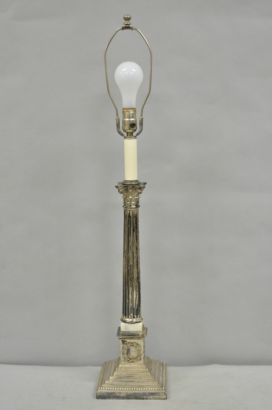 Antique French Empire Silver Plated Corinthian Column Candlestick Table Lamp