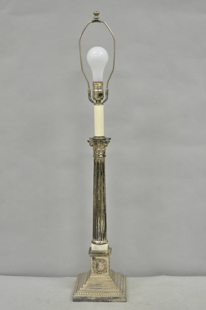 Antique French Empire Silver Plated Corinthian Column Candlestick Table Lamp