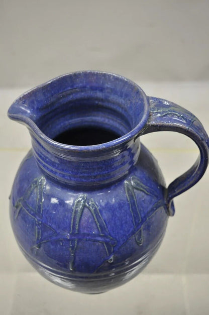 American Primitive Stoneware Blue Glazed Ceramic 11" Pottery Terracotta Jug