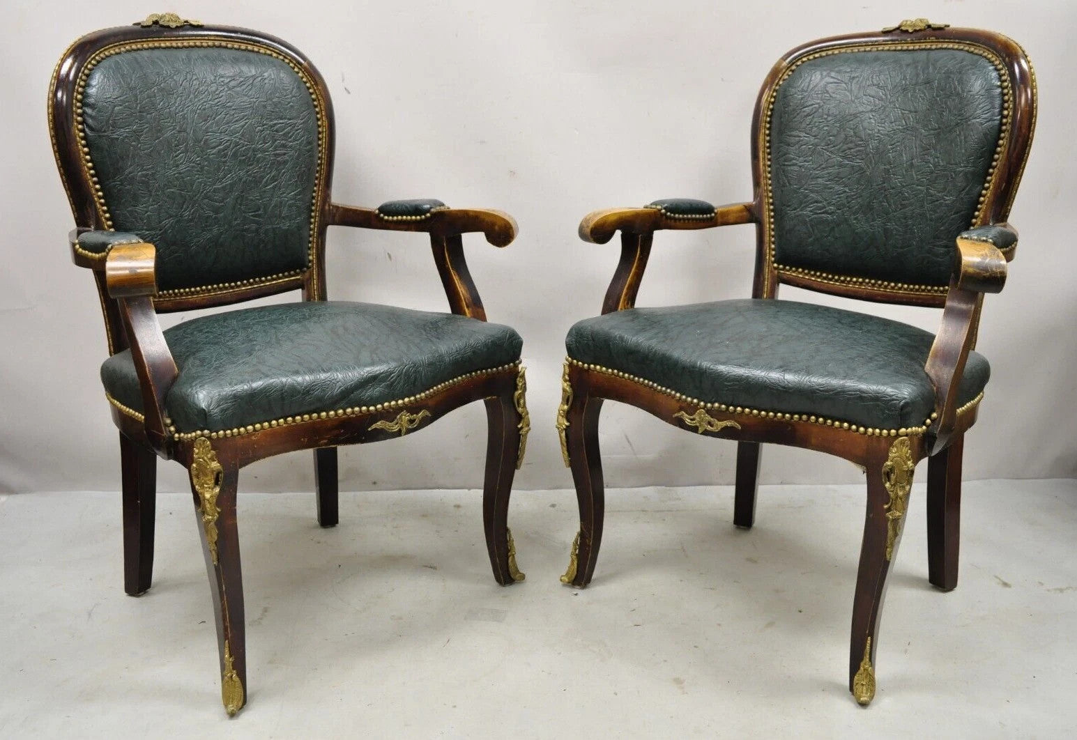 Vintage French Louis XV Style Solid Wood Bronze Ormolu Arm Chairs - a Pair