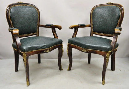 Vintage French Louis XV Style Solid Wood Bronze Ormolu Arm Chairs - a Pair