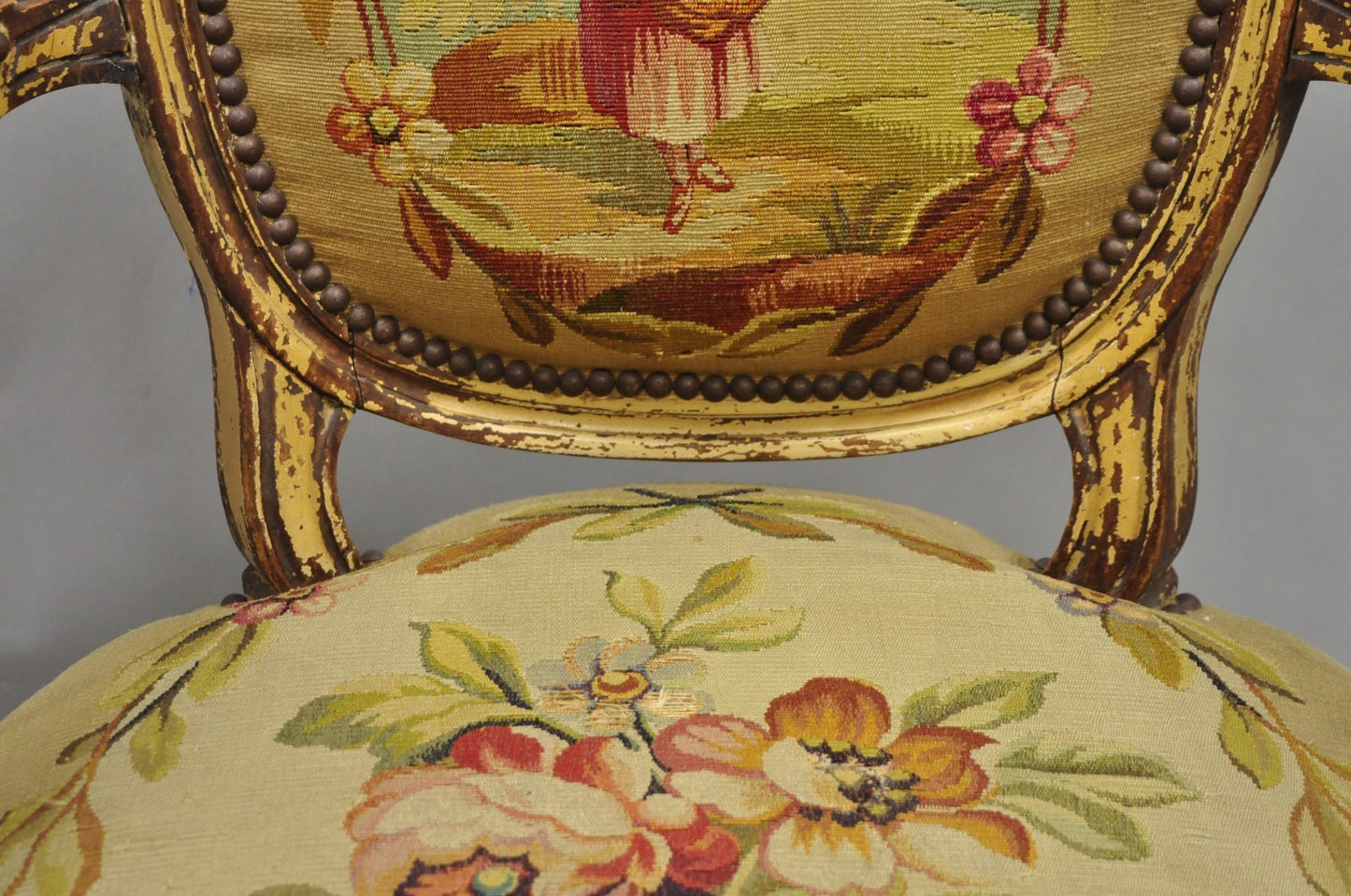 Antique French Louis XVI Style Aubusson Tapestry Fauteuil Arm Chairs - a Pair