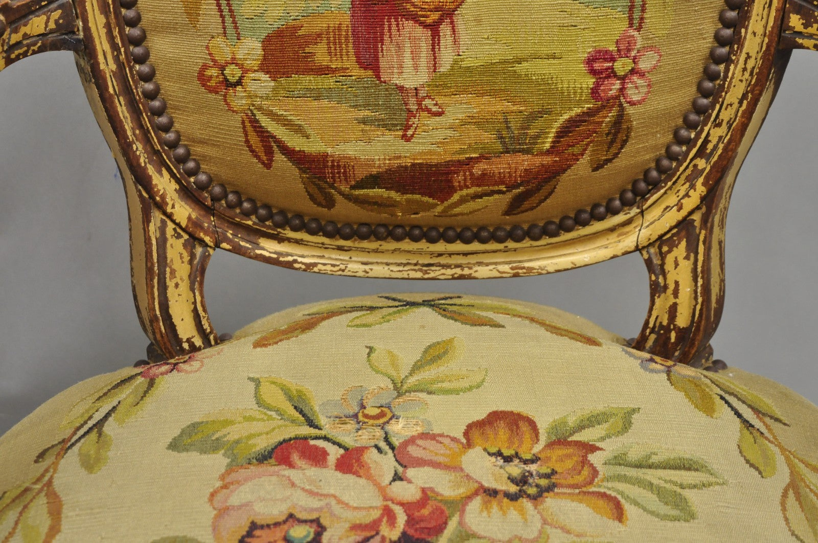 Antique French Louis XVI Style Aubusson Tapestry Fauteuil Arm Chairs - a Pair