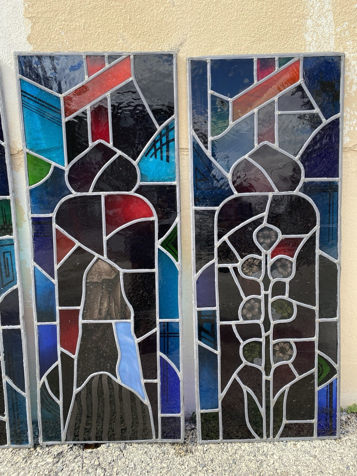 Vintage Art Deco Blue & Red Leaded Stained Glass Church Window w/ Cross - 6 Pcs
