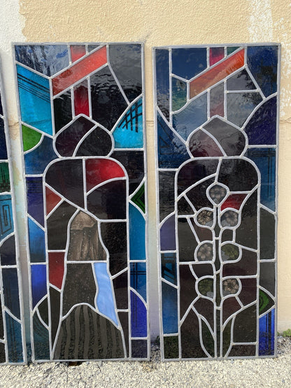 Vintage Art Deco Blue & Red Leaded Stained Glass Church Window w/ Cross - 6 Pcs