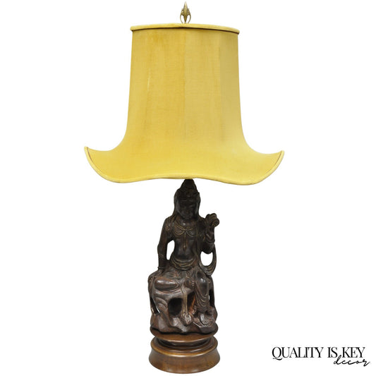 Vintage Buddhist Kuan Yin Brown Ceramic Sculpture Figure Table Lamp w/ Shade