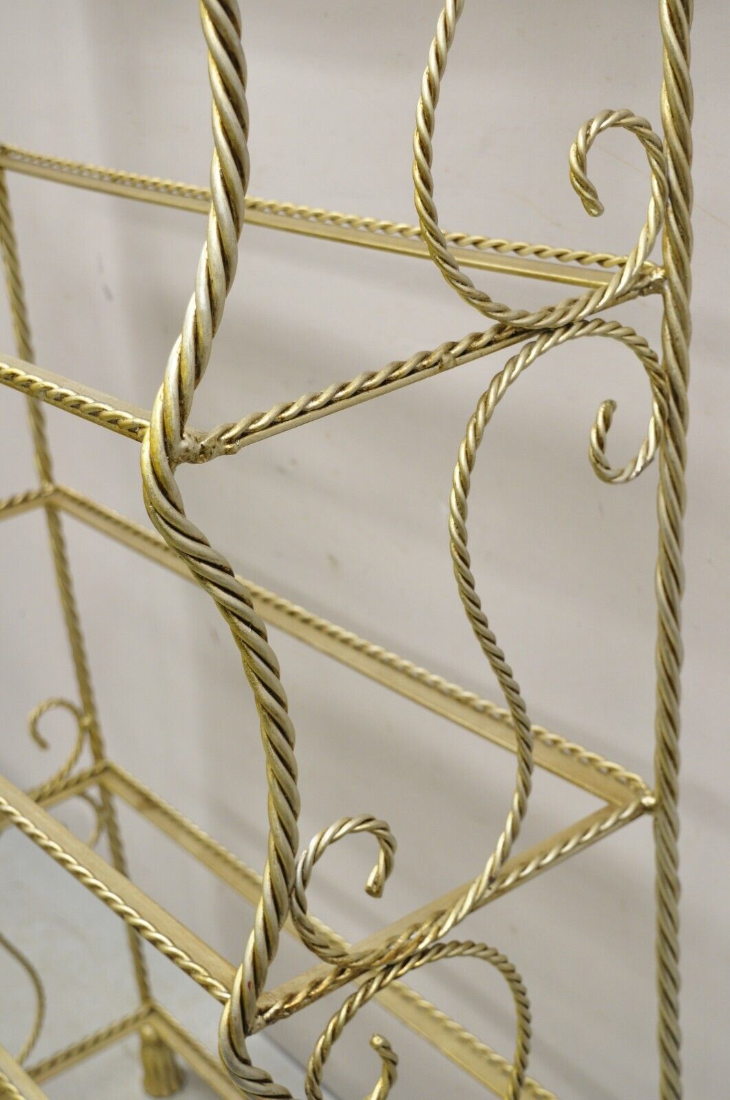 Italian Hollywood Regency Rope Tassel Silver Gold 5 Tier Iron Bakers Rack Shelf
